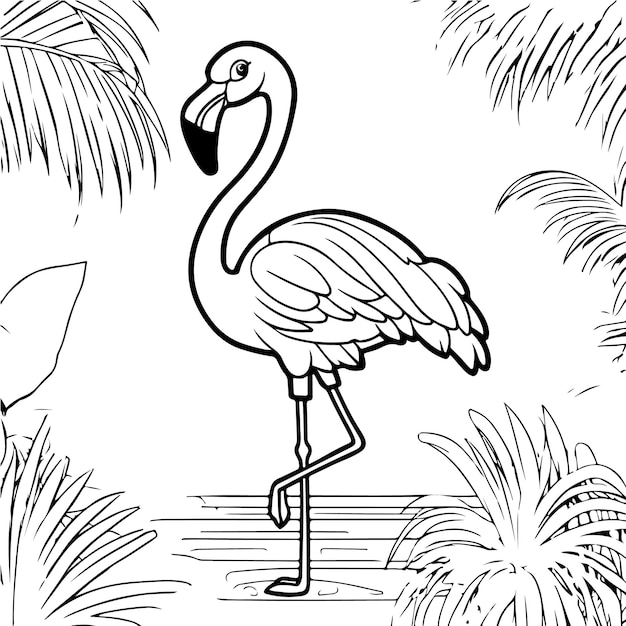 Vector coloring page of a cute cartoon baby flamingo in a lake big eyes full body line art vector color