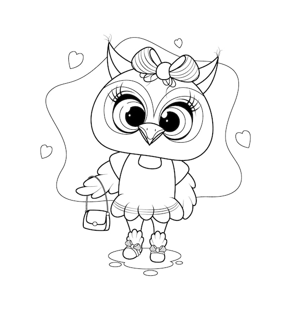 Coloring page Cute cartoon fashionable owl with bag and bow