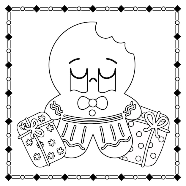 Vector coloring page of a cute cartoon gingerbread wiht christmas presends