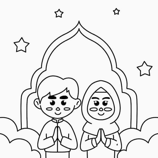 Coloring page cute cartoon illustration of Muslim boys and girls welcoming Eid AlFitr Ramadan for