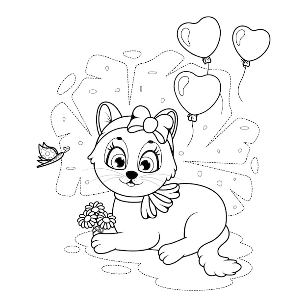 Coloring page Cute cartoon kitten with flowers balloons and a butterfly