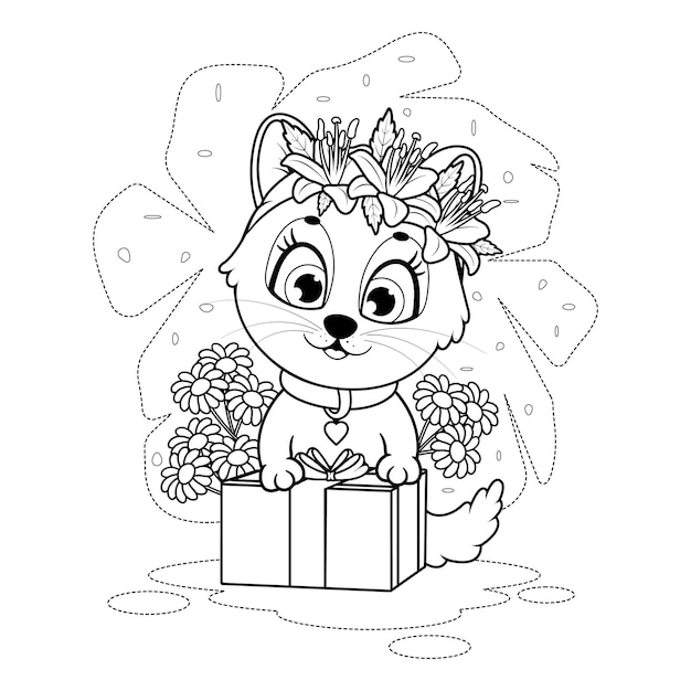 Coloring page A cute cartoon kitten with a gift and flowers