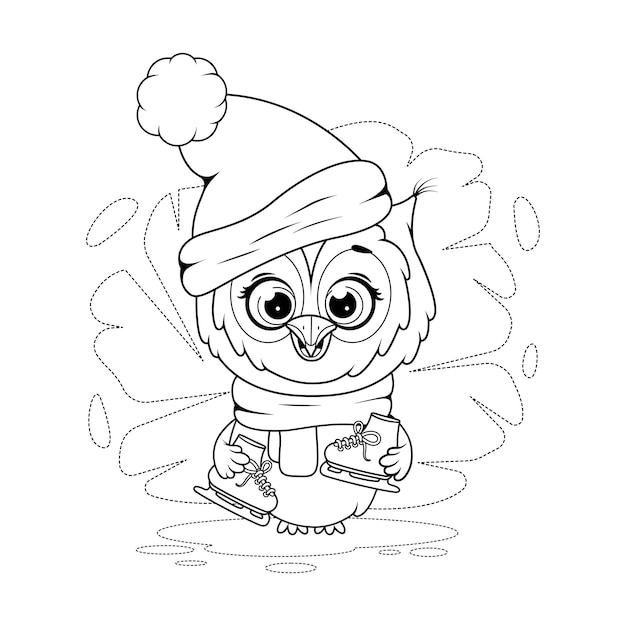 Coloring page Cute cartoon owl with skates