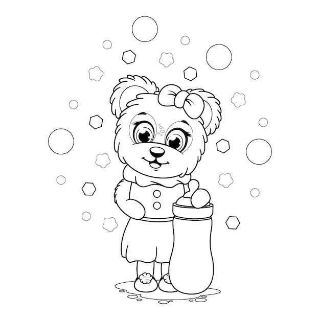 Coloring page Cute cartoon teddy bear with baby bottle