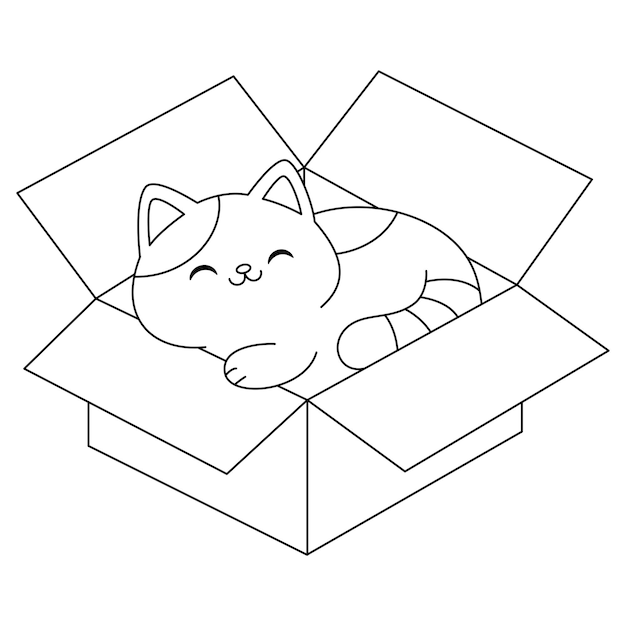 Coloring page of cute cat is lying inside a box