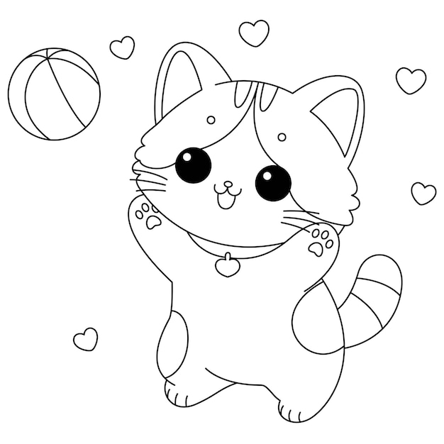 coloring page of cute cat is playing with ball