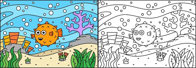 Coloring page of cute fish in the sea for kids