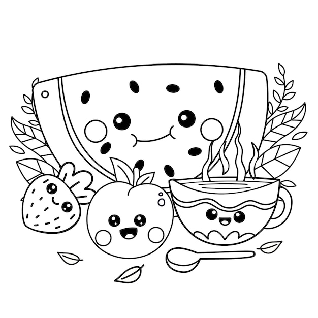 Vector coloring page cute fruits with faces