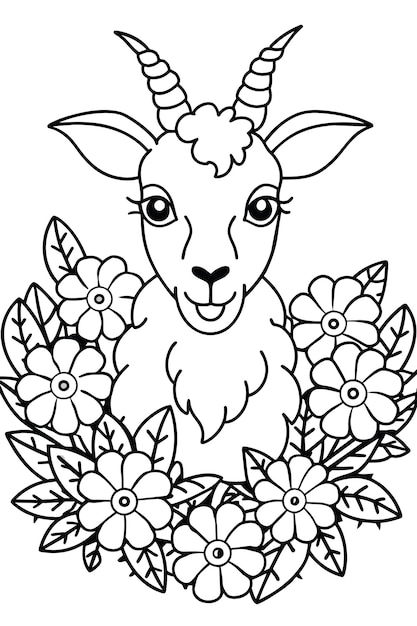 Vettore pagina da colorare una bella capra nascosta nei fiori pagina da colore di capra