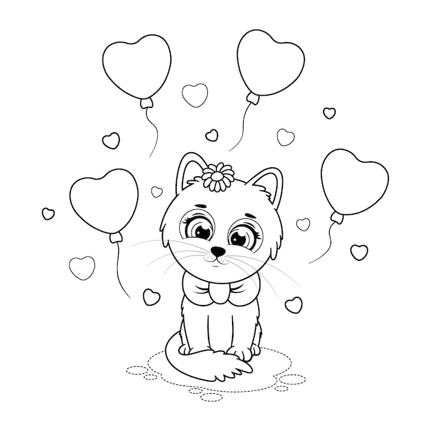 Coloring page Cute kitten with hearts and balloons