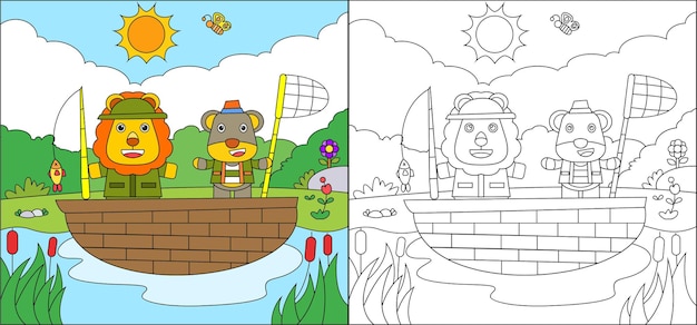 Coloring page of cute lion fishing fish on the lake