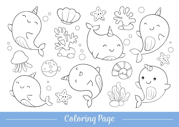 Vector coloring page cute narwhal doodle cartoon