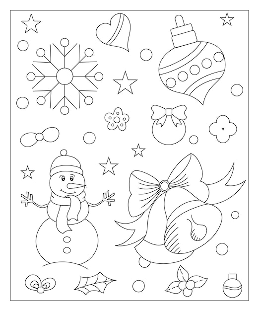 Coloring page of a decorated Christmas tree shanta claus ball bell snowman and gifts