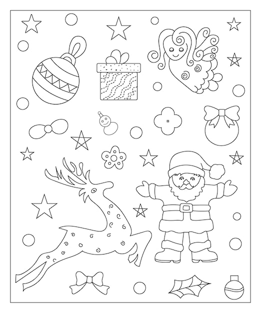 Coloring page of a decorated Christmas tree shanta claus ball bell snowman and gifts