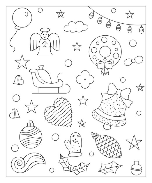 Coloring page of a decorated Christmas tree shanta claus ball bell snowman and gifts