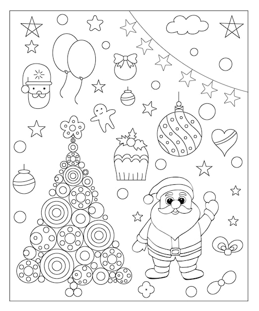 Coloring page of a decorated Christmas tree shanta claus ball bell snowman and gifts