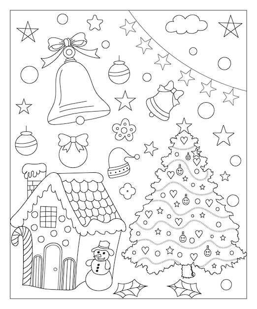 Coloring page of a decorated Christmas tree shanta claus ball bell snowman and gifts