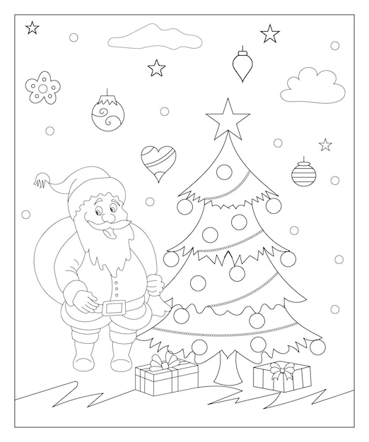 Coloring page of a decorated Christmas tree with gifts Vector black and white illustration on white