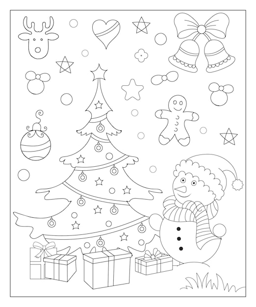 Coloring page of a decorated Christmas tree with gifts Vector black and white illustration on white