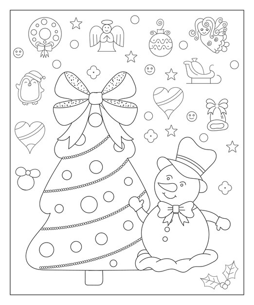 Coloring page of a decorated Christmas tree with gifts Vector black and white illustration on white