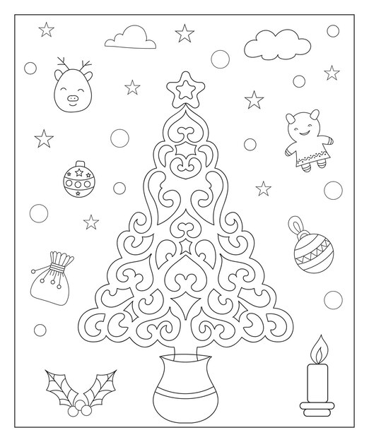 Coloring page of a decorated Christmas tree with gifts Vector black and white illustration