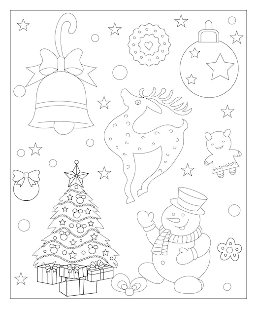 Coloring page of a decorated Christmas tree with gifts Vector black and white illustration