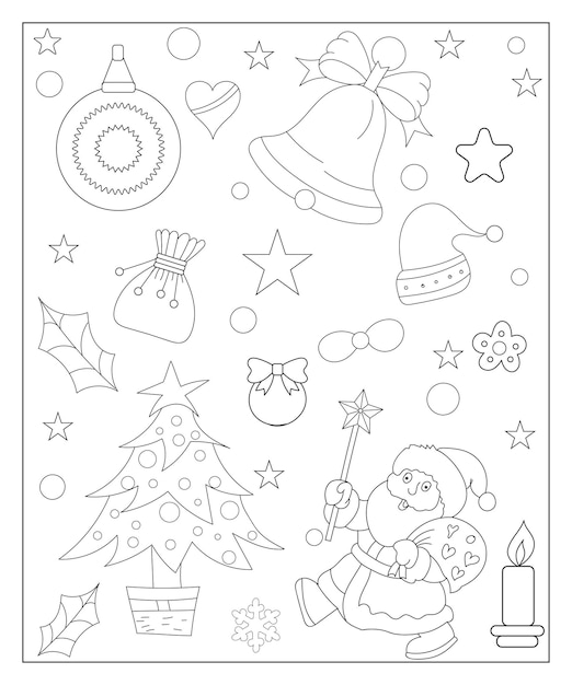 Coloring page of a decorated Christmas tree with gifts Vector black and white illustration