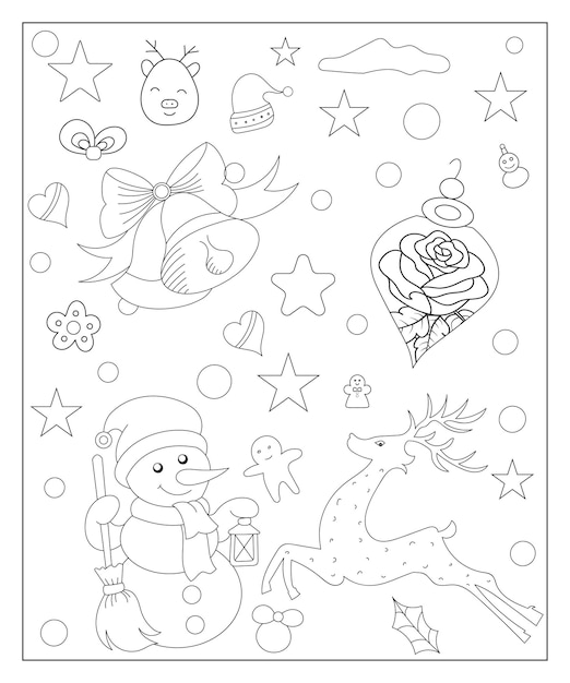 Coloring page of a decorated Christmas tree with gifts Vector black and white illustration