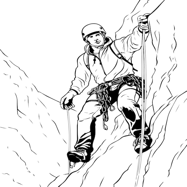 Vector coloring page depicting ice climbing