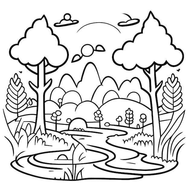 Vector coloring page design natural park with mountain