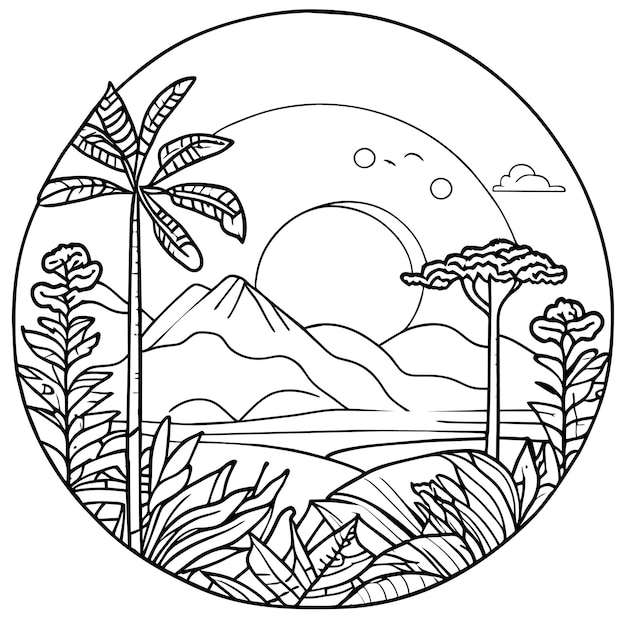 Vector coloring page design natural park with mountain