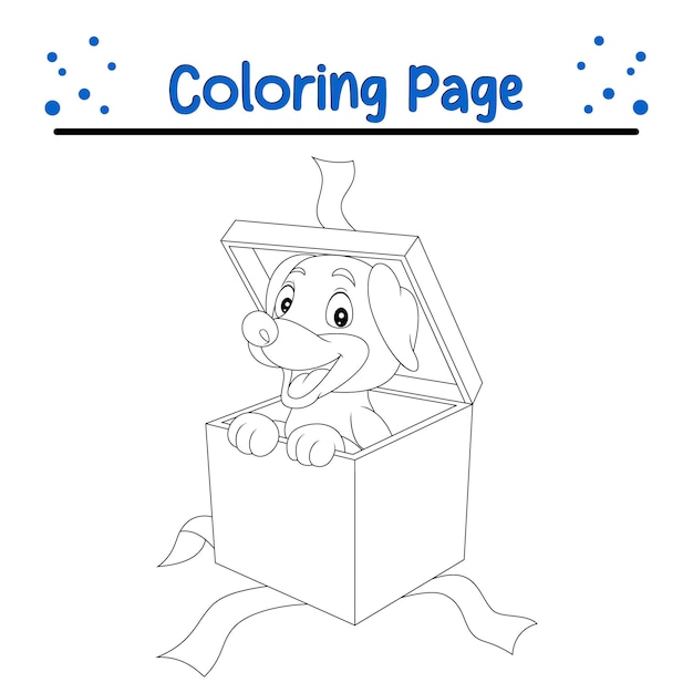 Vector coloring page dog peeking out red gift box