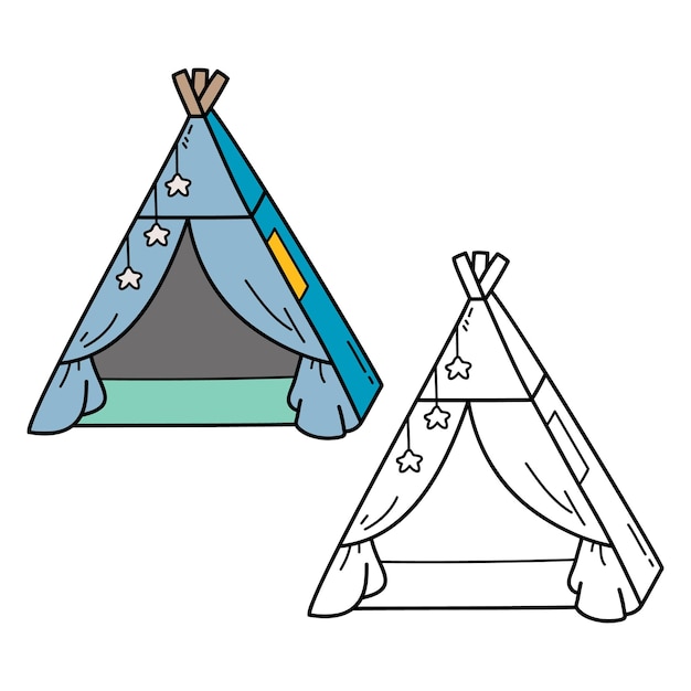 Vector coloring page of doodle tepee with example