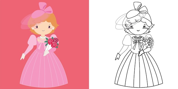 Coloring page a fairy tale Medieval Kingdom black and white the cute princess in pink dress