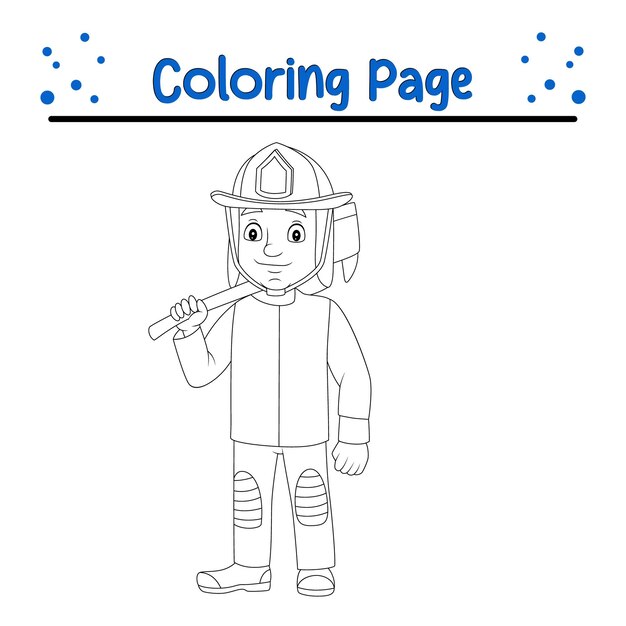 Vector coloring page firefighter holding axe
