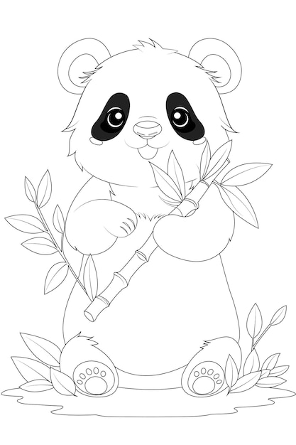 Coloring page a fluffy panda bear munching on bamboo