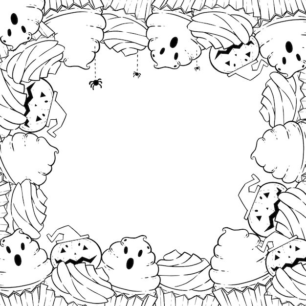 Vector coloring page : frame with halloween cupcakes, cream, bat, pumpkin