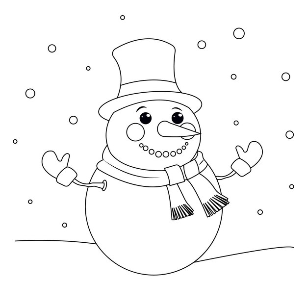 Coloring page of a friendly cartoon snowman in a hat mittens and scarf