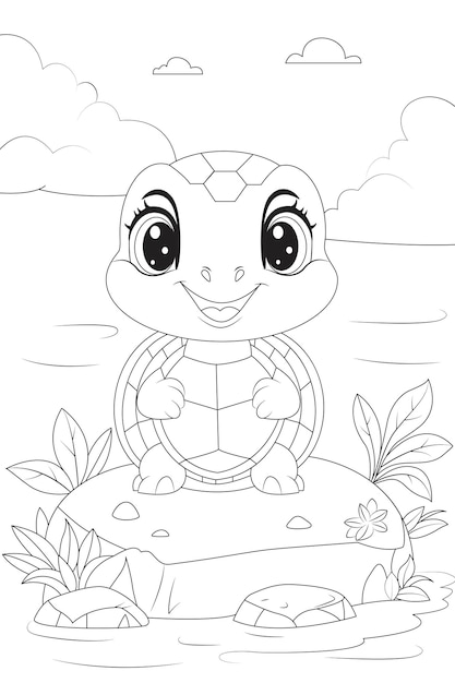 Coloring page a friendly turtle basking in the sun on a rock