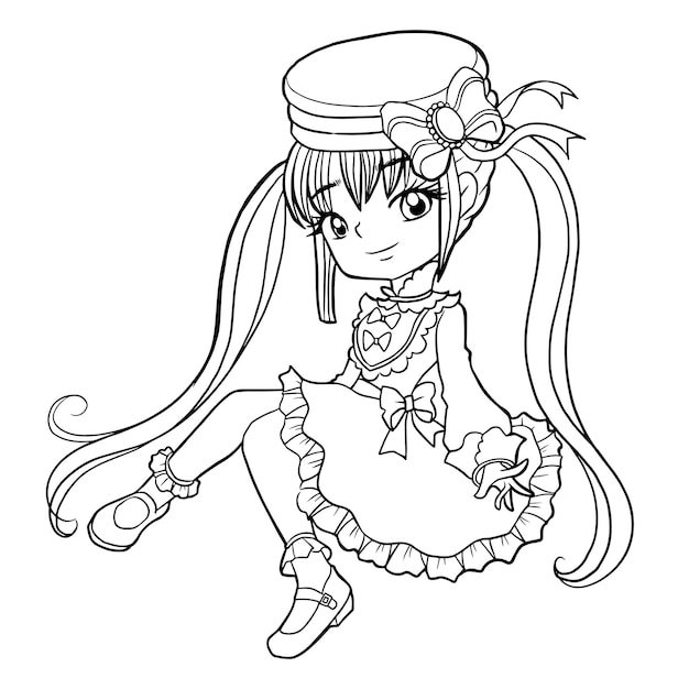 coloring page girl anime cute character cartoon kawaii illustration clipart