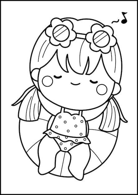 a coloring page of a girl relaxing in the sea