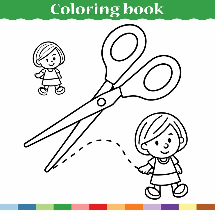 Vector coloring page girl and scissors