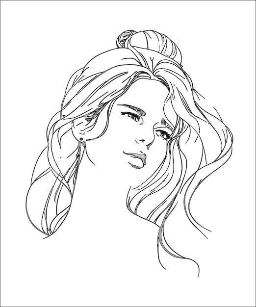 A coloring page of a girl with long hair and a long hair