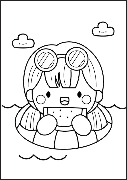 a coloring page of girl with watermelon on the sea