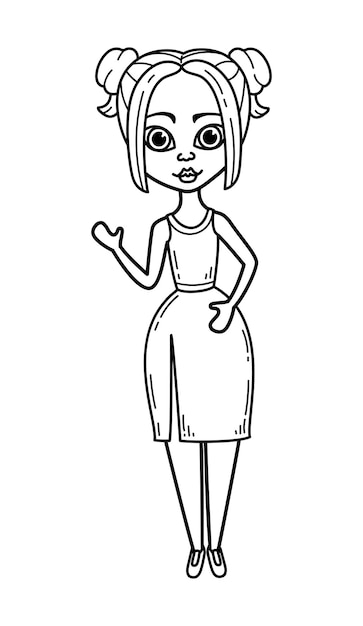 Coloring page girls doll line art woman in evening dress hand drawn illustration