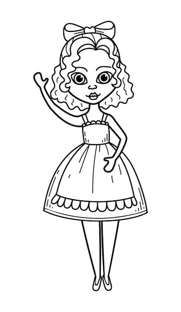 Pagina da colorare ragazze bambola linea d'arte donna in abito da casalinga illustrazione disegnata a mano.