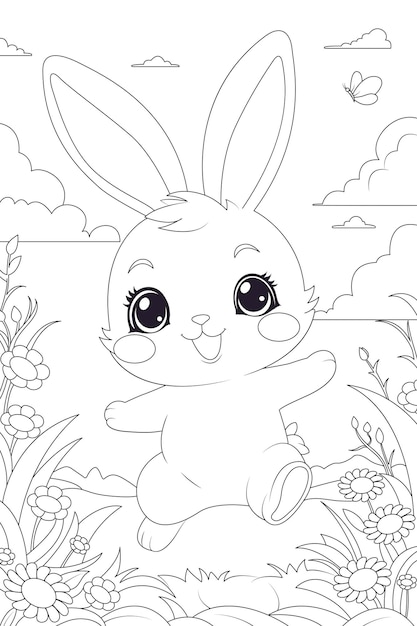 Coloring page a happy bunny hopping through a meadow