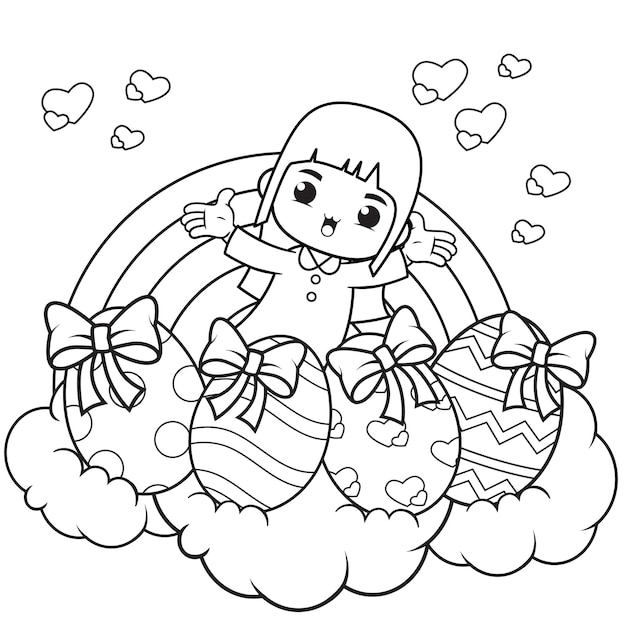 Coloring page Happy Easter with cute girl_2