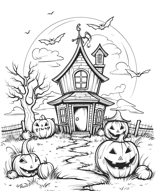 Coloring page of a Happy Halloween with a house and pumpkin