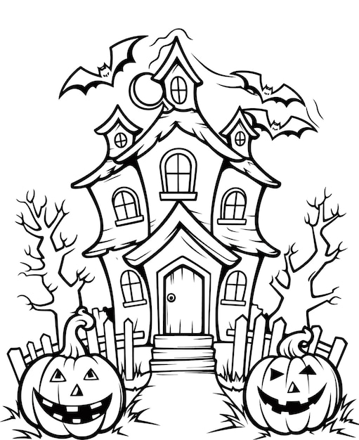 Premium Vector  Coloring page of a happy halloween with a house